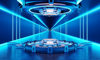 科幻产品讲台上展示宇宙飞船与白色和蓝色的背景空间技术和对象概念插图呈现