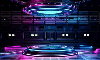 赛博朋克科幻产品讲台上展示宇宙飞船基地与蓝色的和粉红色的背景技术和<strong>对象</strong>概念插图呈现