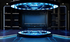 科幻产品讲台上展示宇宙飞船与白色和蓝色的背景空间技术和对象概念插图呈现