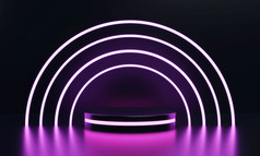 现代轮产品展示科幻讲台上与粉红色的发光的光霓虹灯环框架背景技术和对象概念插图呈现