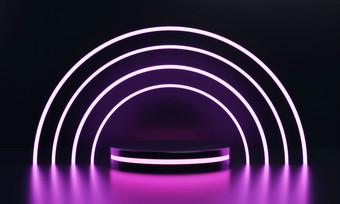 现代轮产品展示科幻讲台上与粉红色的发光的光霓虹灯环框架背景技术和对象概念插图呈现