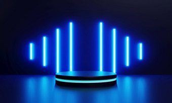 现代产品展示<strong>科幻</strong>讲台上与蓝色的<strong>发光</strong>的光霓虹灯背景技术和对象概念插图呈现