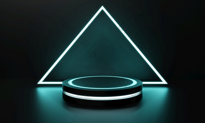 现代产品展示科幻讲台上与蓝色的绿色发光的光霓虹灯背景技术和对象概念插图呈现
