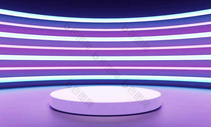 赛博朋克科幻产品讲台上展示与蓝色的紫色的和粉红色的背景技术和对象概念插图呈现