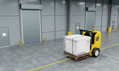 无人驾驶机器人车叉车机器人提升和移动托盘纸板盒子存储房间的工厂背景业务工业和生产概念和插图呈现