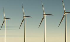 风涡轮机旋转生成电为家庭海与黎明天空可再生权力植物清洁和可持续发展的能源概念插图呈现