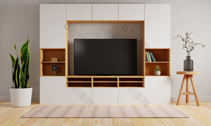电视橱柜的中间现代生活房间背景室内和体系结构概念插图呈现