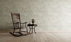 老椅子的经典生活房间木地板上和生混凝土背景古董室内和achitecture概念插图呈现