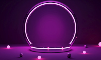 赛博朋克粉红色的空讲台上与发光的灯的黑暗为产品演讲技术和科幻概念插图呈现