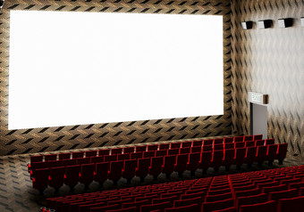 空白白色发光的<strong>电影电影</strong>剧院屏幕与现实的红色的行座位和椅子与空复制空间<strong>背景电影</strong>首映和娱乐概念插图呈现
