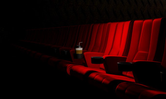 行<strong>红色</strong>的天鹅绒座位看电影的电影与复制空间<strong>横幅背景</strong>娱乐和剧院概念插图呈现