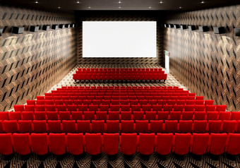 空白白色发光的电影电影剧院屏幕与现实的红色的行座位和椅子与空复制空间背景电影首映和娱乐概念插图呈现