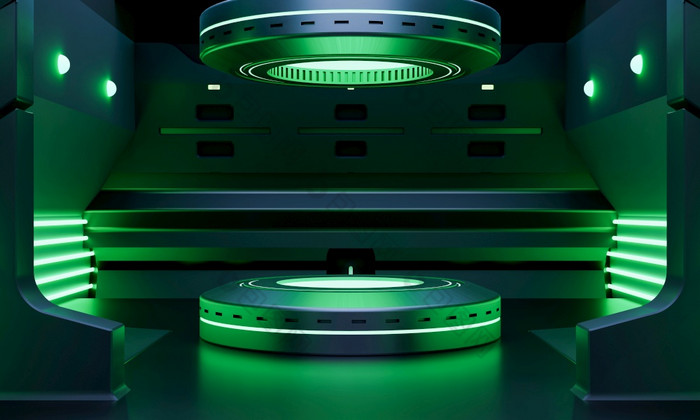 赛博朋克科幻产品讲台上展示宇宙飞船与绿色霓虹灯照明背景技术和对象概念插图呈现