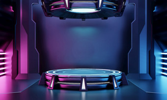 赛博朋克科幻产品讲台上展示空宇宙飞船房间与蓝色的和粉红色的<strong>背景</strong>宇宙空间技术和娱乐对象概念插图呈现