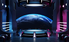 科幻产品讲台上展示空宇宙飞船房间与蓝色的地球背景赛博朋克蓝色的和粉红色的颜色霓虹灯空间技术和娱乐对象概念插图呈现