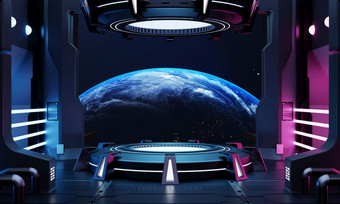 科幻产品讲台上<strong>展示</strong>空宇宙飞船房间与蓝色的地球背景赛博朋克蓝色的和粉红色的颜色霓虹灯<strong>空间</strong>技术和娱乐对象概念插图呈现