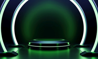 现代轮产品<strong>展示</strong>科幻讲台上与绿色发光的光霓虹灯<strong>框</strong>架背景技术和对象为广告模板概念插图呈现