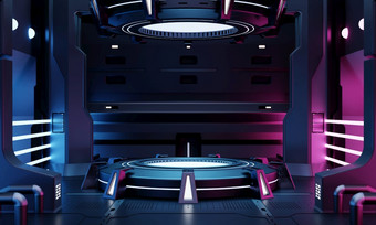 赛博朋克科幻产品讲台上展示空<strong>宇宙飞船</strong>房间与蓝色的和粉红色的背景宇宙空间技术和娱乐对象概念插图呈现