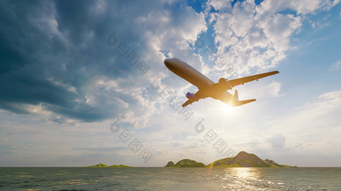 飞机飞行以上的海洋海与阳光闪亮的蓝色的天空背景旅行旅程和旅游热运输概念插图呈现