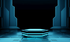 赛博朋克蓝色的空六角讲台上的黑暗宇宙飞船与发光的光为产品演讲技术和科幻概念插图呈现