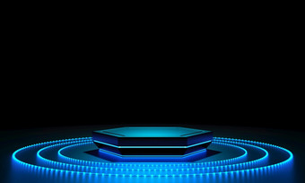 赛博朋克蓝色的空讲台上与发光的球球环灯的黑暗为产品演讲技术和科幻概念插图呈现