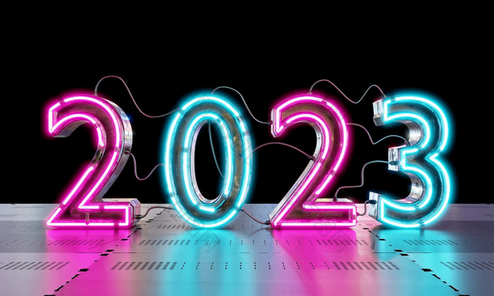 霓虹灯照明金属地板上背景技术和摘要壁纸概念快乐新一年主题插图呈现