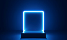 赛博朋克蓝色的空讲台上与发光的灯框架的黑暗为产品演讲技术和科幻概念插图呈现