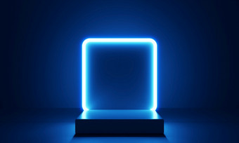 <strong>赛博朋克</strong>蓝色的空讲台上与发光的灯<strong>框</strong>架的黑暗为产品演讲技术和科幻概念插图呈现