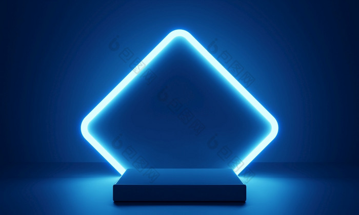 赛博朋克蓝色的空讲台上与发光的灯框架的黑暗为产品演讲技术和科幻概念插图呈现
