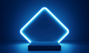 赛博朋克蓝色的空讲台上与发光的灯<strong>框架</strong>的黑暗为<strong>产品</strong>演讲技术和科幻概念插图呈现