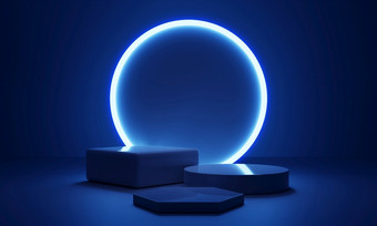 赛博朋克蓝色的空讲台上与发光的灯<strong>框架</strong>的黑暗为<strong>产品</strong>演讲技术和科幻概念插图呈现