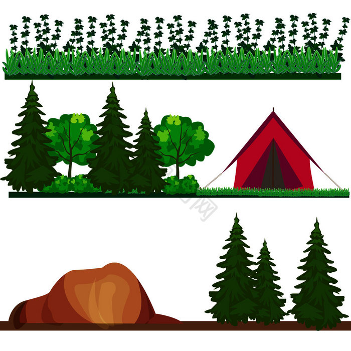 风景与树草石头和帐篷森林景观集为插图图片