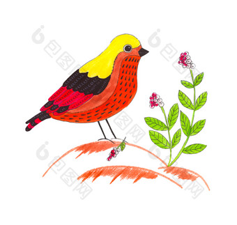 手画<strong>小装饰</strong>鸟坐着分支在叶子和花
