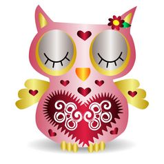 不错的粉红色的微笑猫头鹰与淡紫色花的耳朵和点缀的心和翅膀关闭眼睛模式与体积效果不错的粉红色的微笑猫头鹰与淡紫色花的耳朵和点缀的心和翅膀