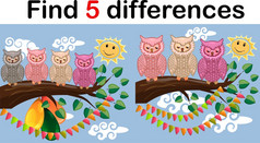 孩子们游戏找到差异小可爱的猫头鹰坐在的树分支孩子们游戏找到差异小可爱的猫头鹰坐在的树分支
