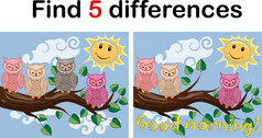 孩子们游戏找到差异小可爱的猫头鹰坐在的树分支孩子们游戏找到差异小可爱的猫头鹰坐在的树分支