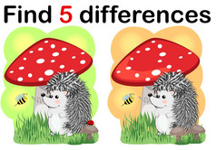 孩子们游戏找到差异小可爱的刺猬与蘑菇孩子们游戏找到差异小可爱的刺猬与蘑菇