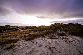 沿海沙丘与植被大气喜怒无常的日落景观下紫色的天空阿姆鲁姆的北弗里斯兰语岛屿德国与的温暖的发光的太阳的地平线