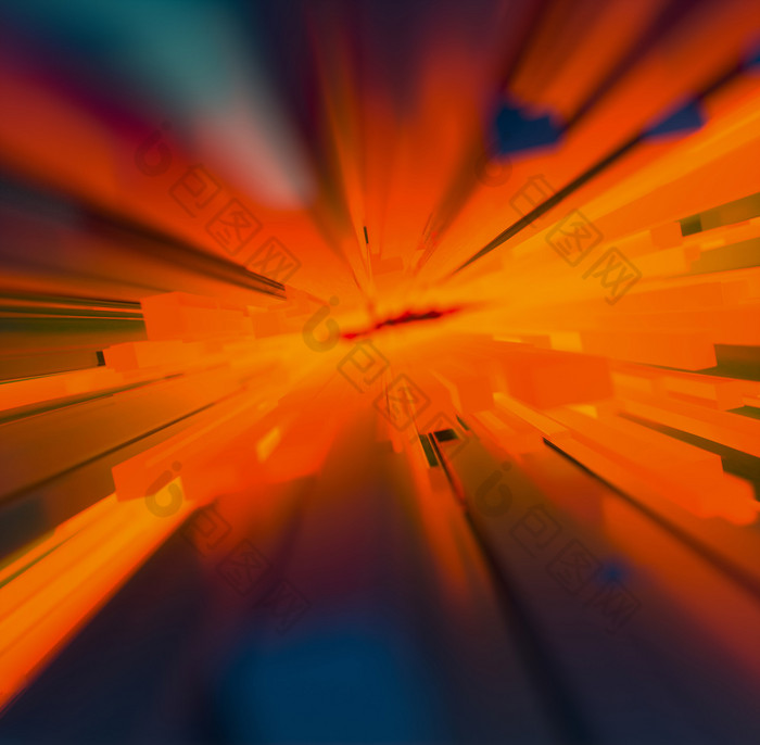 激烈的爆炸爆炸概念与矩形黑暗蓝色的棒明亮的火焰彩色的橙色辐射背景广场格式光流能源隧道