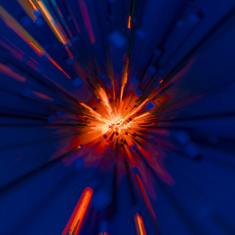 激烈的爆炸爆炸概念与矩形黑暗蓝色的棒明亮的火焰彩色的橙色辐射背景广场格式光流能源隧道
