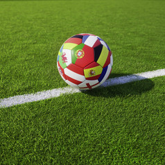 冠军足球足球球与国家旗帜设计参与团队白色行绿色草体育场