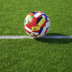 色彩斑斓的足球足球球与国家旗帜竞争冠军团队的世界杯白色行的绿色的地盘体育场与复制空间