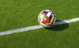 色彩斑斓的足球足球球与国家<strong>旗帜</strong>竞争冠军团队的世界杯<strong>白色</strong>行的绿色的地盘体育场与复制空间