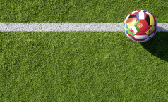 色彩斑斓的足球足球球与国家旗帜竞争冠军团队的世界杯白色行的绿色的地盘体育场与复制空间