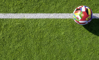 色彩斑斓的足球足球球与国家<strong>旗帜</strong>竞争冠军团队的世界杯<strong>白色</strong>行的绿色的地盘体育场与复制空间