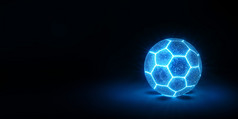 发光的霓虹灯足球足球球与蓝色的接缝和蓝色的细胞浮动的黑暗黑色的背景