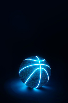 呈现有创意的篮球与发光的蓝色的霓虹灯接缝午夜蓝色的背景铸造发光的表面下面与复制空间