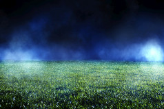 关闭维护草坪上足球体育场晚上低视图与摘要光影响iluminated雾从后面
