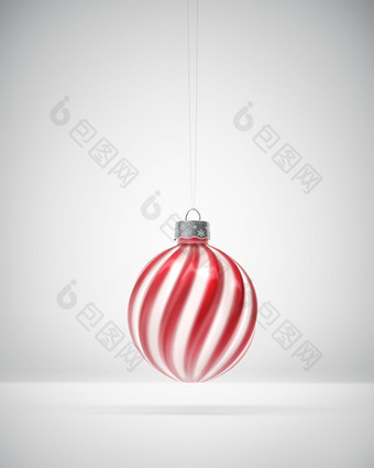 挂光滑的红色的和白色扭曲的条纹圣诞节球白色<strong>阴影</strong>背景圣诞节装饰节日<strong>大气</strong>概念