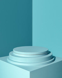 低角视图空白轮光蓝色的基座柔和的青色产品讲台上阴影光从前光蓝色的背景